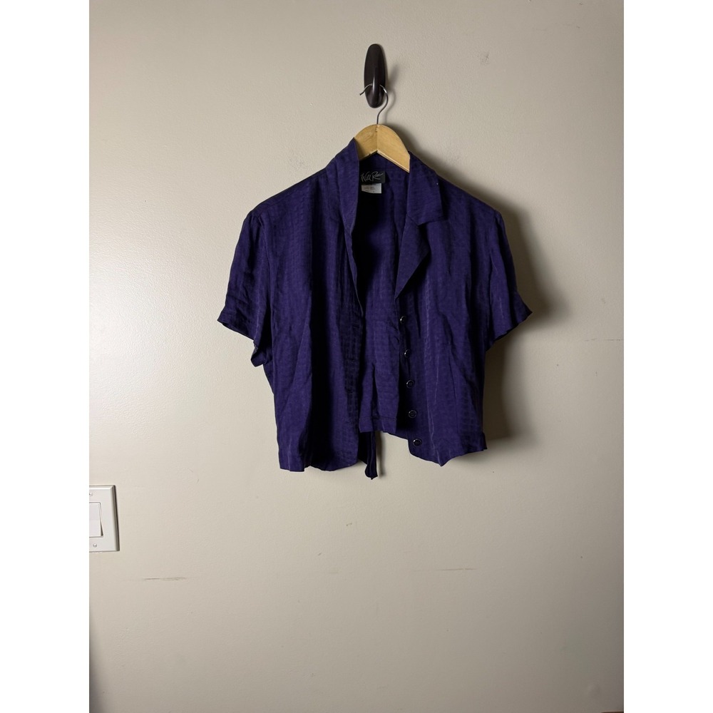 Vintage Wild Rose Button Down Dress Cropped Shirt Womens 8 Purple Knot Back